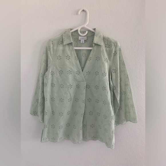 Liz Claiborne Eyelet Cotton Collared Blouse Seafoam Green Women’s Tunic - Picture 4 of 10